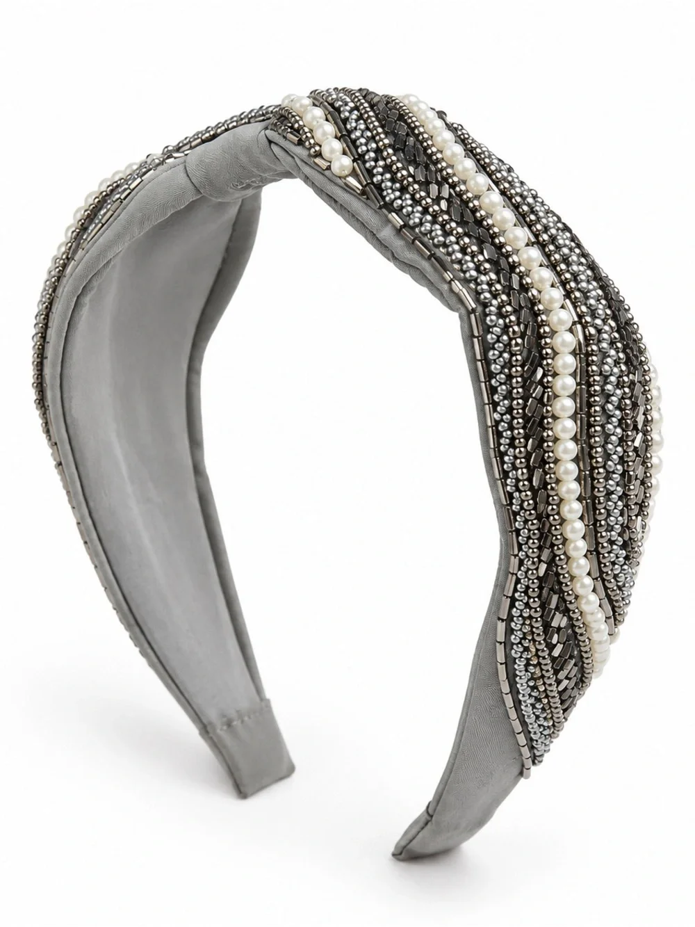 Beaded Pearl Accent Gray Headband